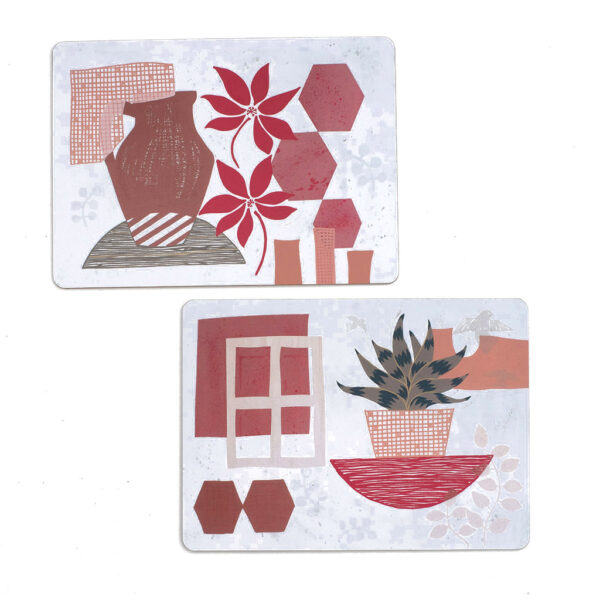2 hardboard printed placemats with houseplant illustrations