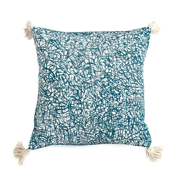 Square Linen Cushion with Blue Abstract Print