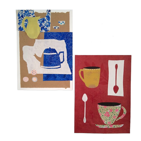 naive style paper collages with teapot and teacups